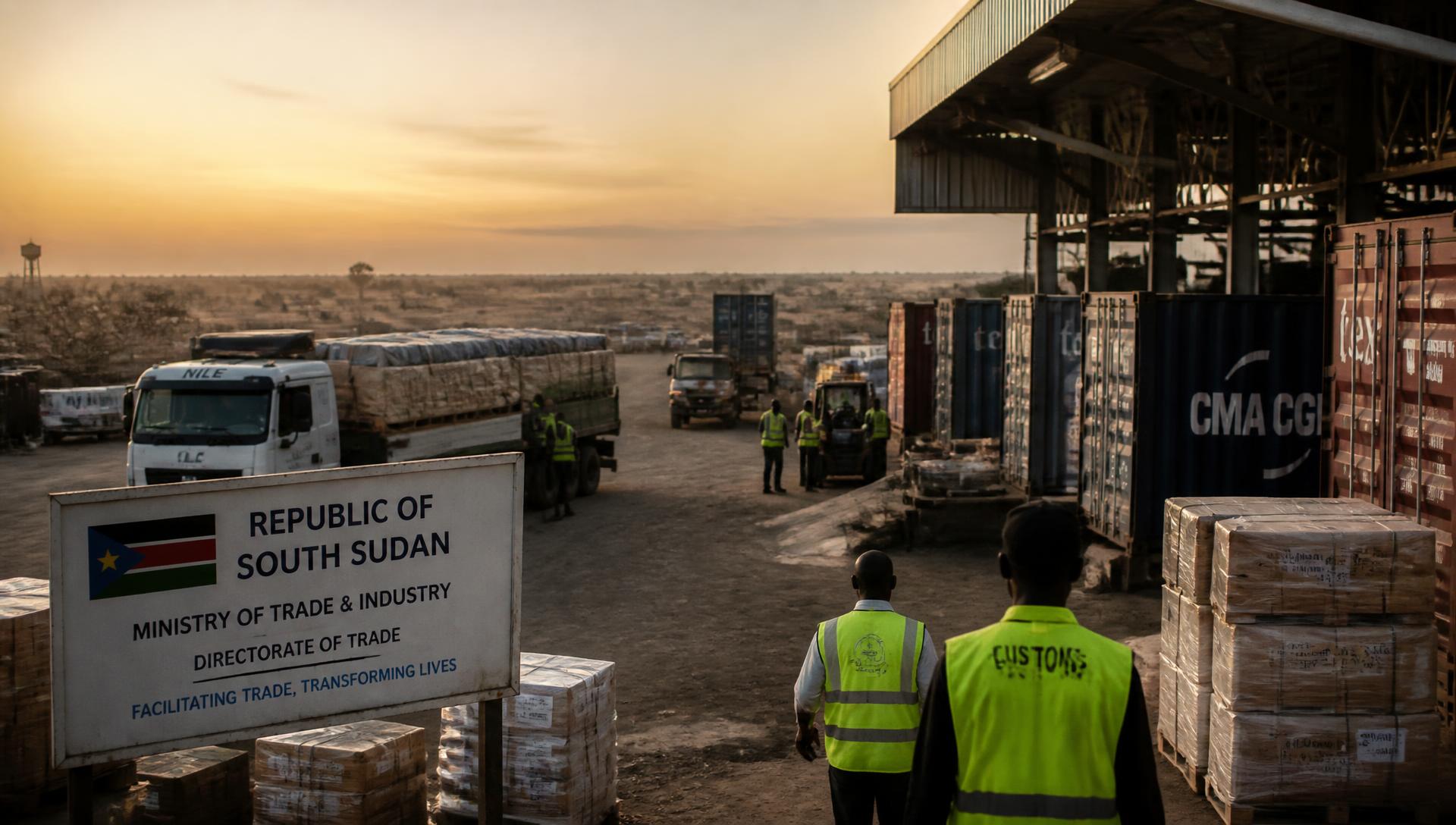 Cargo trucks and containers at a trade and logistics yard in South Sudan